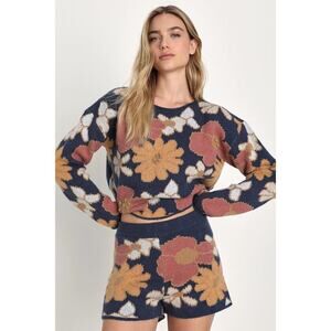 Lulus Thriving Weekend Navy Blue Floral Knit Lounge Shorts - Size M